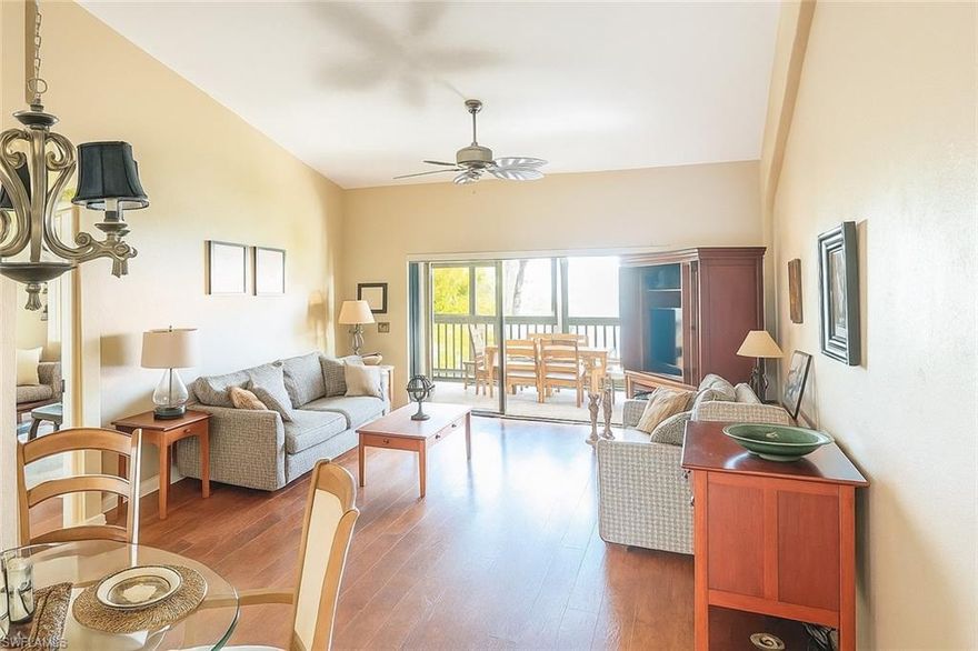 Don't miss a chance to own this perfectly located third floor unit with cathedral ceilings, "partial lake view" with direct exposure from the lanai and primary bedroom, and stunning updated kitchen. As a top floor unit, this unit gives you north and south exposures, keeping you from direct sunlight, but still allowing you to see a piece of the lake. Being sold furnished, with the exception of a few handcraft pieces by the family. Pack your bag and move right in. Flood insurance is included in the HOA fee. Taxes are approximately $2900 a year. You are close to Target, Aldi, Publix and Walmart. Even better, you are 3 miles to Fort Myers Beach and 4 miles to Sanibel/Captiva causeway where there is an abundance of shops, restaurants, ice cream shops and many more activities.