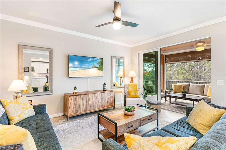 Step into a residence where style, comfort, and seamless design come together effortlessly—beautifully showcased in this furnished top-floor end unit on a quiet street in the Palazzo neighborhood of Pelican Preserve. Impeccably maintained and thoughtfully decorated, this spacious 2BR/2BA home shows like a model with pristine furnishings in every room, large closets, crown molding, stainless steel appliances, quartz countertops, under-cabinet lighting, subway tile backsplash, pantry, large island, carefully selected flooring, elegant lighting and ceiling fans throughout.  Enjoy a fully private screened lanai with serene preserve views and no visible neighboring units. With impact-glass doors and windows, electronic roll-down lanai screens, and comfortable outdoor seating, this is the perfect spot for morning coffee or an evening wind-down. As a top-floor end unit, you’ll appreciate exceptional quiet, added natural light, and outstanding privacy—with close proximity to the Palazzo residents-only pool.
Pelican Preserve offers world class amenities, including an optional membership to the 27-hole championship golf course, resort and lap pools, indoor pool and walking track, spa, sauna, fitness center, fitness room offering various classes, dining venues, casual pool-side restaurant, miles of walking and biking trails, tennis, pickleball, bocce, dog parks, art studio, woodworking shop, movie theater, amphitheater with live entertainment, seasonal farmers market and much more. Close to grocery stores, hospitals, restaurants, shopping, performing arts, SW International Airport and a short drive to the Gulf Beaches.

Additional conveniences include a covered parking space with electric outlet for golf cart and an oversized storage unit within steps to the unit and common elevator.

Beautifully furnished, and perfectly positioned—this condo offers comfort, style, and exceptional Pelican Preserve living.