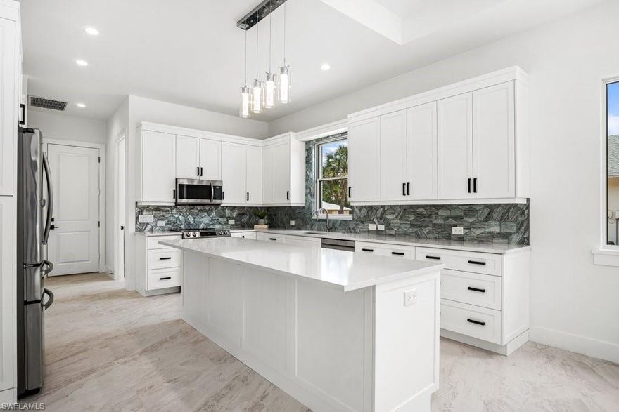 NEW CONSTRUCTION POOL HOME, WEST OF US-41 & ONLY A 5-MINUTE BIKE RIDE TO BAREFOOT BEACH, NOW AVAILABLE! Coveted Southern exposure ensures gorgeous natural light & breathtaking sunsets from your screen-enclosed pool deck (coming soon) & private pool/spa. This neutral contemporary home is finely appointed with oversized marbled tile floors, soaring high ceilings, impact windows, doors & sliders for seamless indoor/outdoor living. Fantastic open floor plan features an oversized 2-car garage, 4 bedrooms + 3 baths including a spacious master suite with a spa-like en-suite bathroom with dual vanities, oversized walk-in shower & freestanding tub. Gorgeous chef’s kitchen features white cabinetry, quartz counters, an oversized island, professional-grade appliances, built-in pantry & coffee bar. NO HOA FEES & NO RESTRICTIONS! Brand new furnishings negotiable! This move-in ready home is perfectly located, close to casual & fine dining & easy access to RSW Airport, the Promenade, Mercato & Waterside Shops. Only 15 miles to Naples 5th Avenue South.