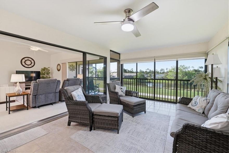 Welcome to this beautifully maintained updated second-floor condo in the highly desirable Eagle Ridge community, offering peaceful views of the golf course fairway and a bright, inviting interior! This spacious residence features an open-concept layout with a well-appointed kitchen, generous living and dining areas, and a large screened lanai with acrylic sliders for year-round enjoyment!  The primary suite provides a comfortable retreat with ample closet space and an en-suite bath, while the split-bedroom design ensures privacy for guests. Additional highlights include in-unit laundry, assigned parking space (with ample guest spaces), and extra storage.  Eagle Ridge is known for its lush landscaping, low HOA fees, optional golf membership, and unbeatable central location—just minutes to shopping, dining, Fort Myers International Airport (RSW), beaches, spring training baseball venues and all that Fort Myers has to offer.  It has a community resort style pool with clubhouse, BBQ with picnic area, and lighted walking paths.  This community within Eagle Ridge has recently painted the buildings as well as sealing the parking lot, new roof (2022), and a new A/C system (2024).  Whether you're seeking a seasonal getaway or a full-time residence, this condo delivers comfort, convenience, and the relaxed Southwest Florida lifestyle!