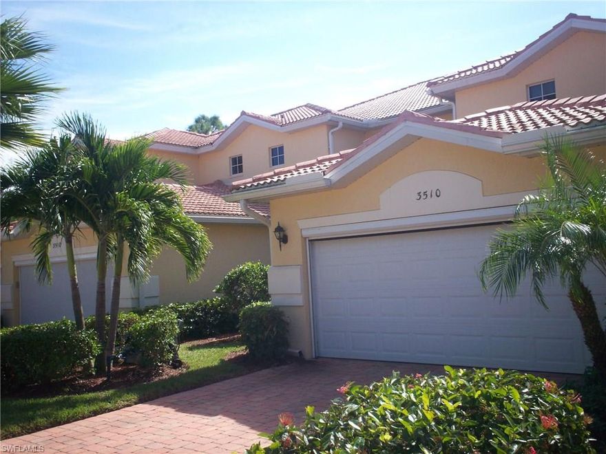 You will not believe the size of this Condo! Over 2100 sq.ft. under air plus a large screened Lanai and 2 car garage! There are 2 master like  bedrooms with closets and 2 other rooms, which can be a Den(or formal dining ) and a Media Rm.(media rm. has a closet and can easily be converted to a 3rd bedroom)  along with a large Living Room Dining room open room and beautiful Gourmet Kitchen. Enter on the First Floor from the 2 Car Garage and the unit has a lot of storage on the first floor then upstairs to your spectacular Resort Home. Basic Cable, Water & Sewer! Pool , spa, Tennis courts and club house exercise room all to  make this a true Resort Lifestyle.  Located just a block from the Coconut Mall and some of the best Dining in Lee County! Minutes to the Beach!!