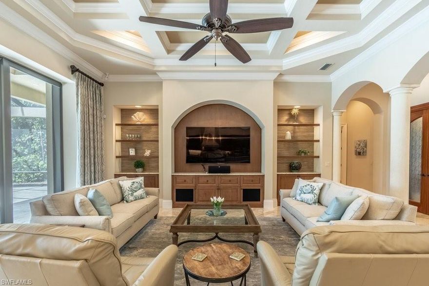 FULL GOLF MEMBERSHIP transfer available! Property is rented February–March 2027 and available October 2026–January 2027 or April–May 2027. This single-family Divco custom home offers four bedrooms plus a den and four-and-a-half baths. All bedrooms feature full en-suite baths, with one bath providing direct pool access and functioning as a convenient pool bath. The expansive outdoor living area includes a covered lanai with a natural-gas fireplace, a summer kitchen with grill and beverage center, an additional outdoor sitting area, and a pool and spa. Inside, the home features a large laundry/flex room complete with an island, computer station, and pantry. Enjoy sweeping lake, golf course, and sunset views overlooking the 10th hole of the Greg Norman and Pete Dye–designed course. Talis Park amenities include a Sports Complex with lap pool, grill, bocce ball, and lighted tennis and pickleball courts near the south entry gate, along with multiple dining venues, a fitness center, spa, and clubhouse activities!