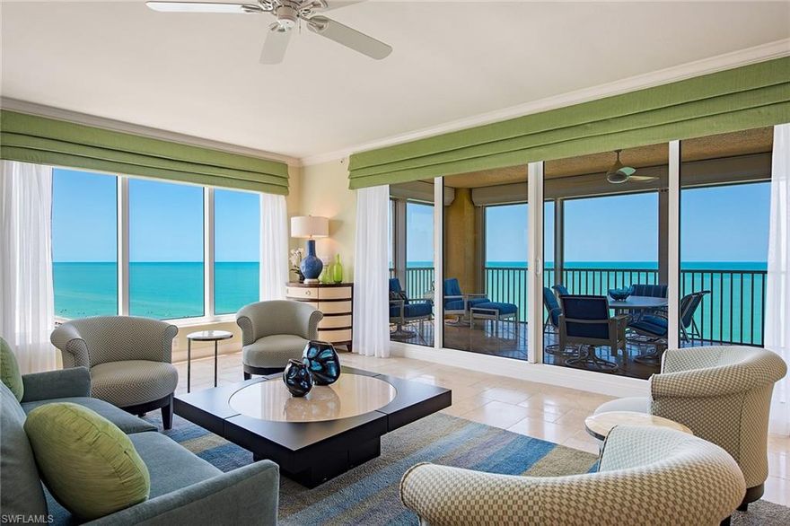 Enjoy unobstructed Gulf of Mexico views to Sanibel and beyond from this south side residence! Perched on the eighth floor and encompassing 3,820 square feet of living area, this expansive and open floor plan with three bedrooms, a den, family room and three-and-a-half baths lives like a single-family home. The gourmet kitchen features gas cooking, large island, wine cooler and breakfast area with Gulf views. Some of the additional features include 9-foot ceilings, private elevator entry, a generous lanai with grill, east “sunrise” terrace and a private two-car garage. With only 19 residences, The Vanderbilt offers the beach house lifestyle while providing privacy, security and lovely building amenities.  Stroll on the white sugary sand to the Turtle Club or the Ritz Carlton for beachfront dining. Mercato is minutes away and offers Whole Foods, Silver Spot cinema, over 15 restaurants and boutique shopping.