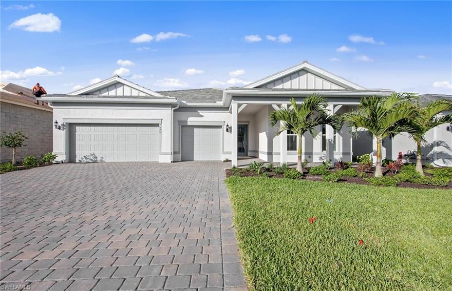 LIMITED TIME! Savings is included in the listing price. This Renown is move in ready and features 3 bedrooms, 3.5 baths, den, and 3 car garage. Stainless steel built-in appliances, grey kitchen cabinets, custom backsplash, and quartz countertops throughout. Owner's bath upgraded with full walk-in shower, Enjoy indoor-outdoor living with the zero-corner sliding glass door to the extended covered lanai with pool and spa with screened cage! Oak Creek is Del Webb’s newest 55+ community, situated in North Fort Myers. Homeowners will benefit from it being a natural gas, gated community with vacation-inspired amenities such as a resort style pools and spa, clubs and activities, a restaurant and covered Tiki, and a fulltime lifestyle director. Just beyond the gates homeowners can find shopping and dining, explore Fort Myers River District, relax on the Gulf Coast beaches, and experience new recreational activities while still being only minutes from everyday conveniences. Photos are for illustration purposes only, options may vary.