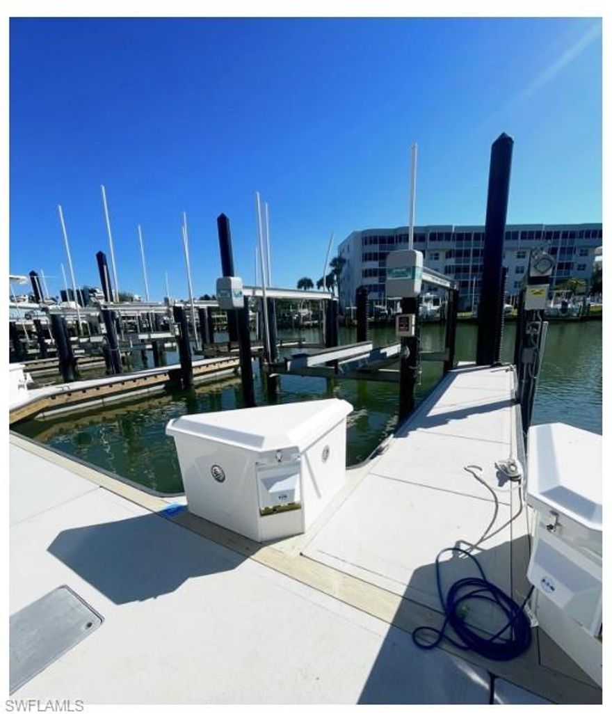 ISLAND MARINA- A RECENTLY AND FULLY RENOVATED FLOATING DOCK AND CLEAN MARINA IN NORTH NAPLES. Located just a few minutes away from Wiggins Pass. Boat slip #9 34'x12’.3” with a 10,000 lb. lift.
The slip is located just a few feet away from the gated parking lot, making it very easy to access and unload. The slip has straight easy access through Wiggins Pass with “No Bridges" and less than 1/2
mile away from the Gulf of America. The new dock has all new pilings, new water lines, all new electrical to lift, security cameras and WIFI through the secured marina. The quarterly fee covers your taxes, dock maintenance,
water and clubhouse with bathrooms with access only to resident and marina
owners.
