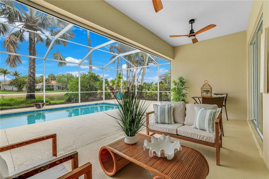 This special Carlyle model stands out with a rare 4+den or 5th bedroom option—created by converting the dining room—offering flexibility you won’t find in most Island Walk homes. Enjoy serene lake views from your large pool deck, complete with a water feature and stunning pool lighting, plus a spacious lanai with covered areas for dining and relaxing. The home features numerous updates, including a newer roof, full hurricane protection (electric, roll down and manual shutters), updated landscaping, newer pool equipment, newer appliances, crown molding, pull-out drawers in all cabinets, and a renovated primary bathroom. As a bonus, the owners include a generator powerful enough to run the AC, with a modified electrical panel for easy use, as well as Ring outdoor cameras.
Located in Island Walk, you’re just minutes from the Town Center with a renovated clubhouse (no special assessments), resort-style and lap pools, tennis, pickleball, bocce, fitness center, popular restaurant, and everyday conveniences like a gas station, car wash, post office, and salon. HOA fees include basic cable, WiFi, lawn, arbor-and irrigation care and irrigation water for easy living.