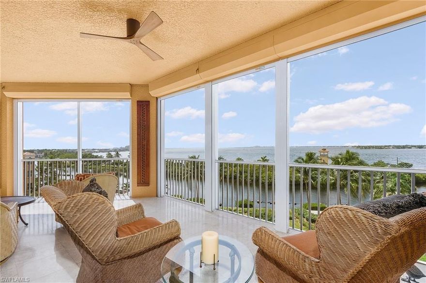 Rare Paramount Center Cavallino Model with Great River Views. 5th floor features 4,370 s.f. under air 4 Bedroom 4.5 Baths + Huge Wrap around Lanai. Every Bedroom is a Suite with Private Baths. Beautifully Updated and Maintained (see detailed list attachment). Open Kitchen adjacent to Large Family Room has West River Views and South exposure for Winter Sun. Formal Living Room, Formal Dining has Wet Bar opened to kitchen, Custom Beamed Ceiling, Diagonal Travertine flooring and River Views. Big Master Suite is also on the River with Large Sitting area, His and Hers Walk-in Closets and Bath features Shower and Tub. Equity Golf Membership Negotiable. Private Elevator + Service Elevator, all utilities accessible from service elevator, 2 Parking Spaces in enclosed community garage, Large AC Storage Room . Paramount Amenities include a Resort Pool and Lap Pool both with Spa's, Fitness Center, Impressive Guest Foyer, Social Entertaining Room, Billiards-Game Room, Conference Room, Massive wrap-around Deck with Grills and more! 186 slip deep water Marina with slips available for lease or purchase. Some amenities herein available but not offered. Sq. Ft. approximate or from Lee Co.