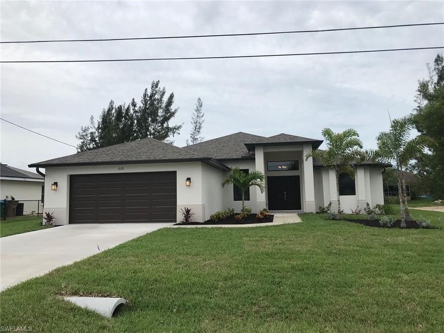 BRAND NEW POOL HOME under construction on fresh water canal with Southern exposure to be complete end of June 2021--Located in well established waterfront neighborhood, not in a flood zone, flood insurance may not be needed. This 4 bedroom, 2 bath pool home has a great room design & all living areas plus master bedroom & rear bedroom have waterfront & pool views. Features include tile floors throughout with carpet in all 4 bedrooms, 1990 sq. ft. of living area, granite counters in kitchen & baths, under cabinet lighting in kitchen, inside laundry room with deep sink. Screened lanai & pool (size approx. 13x26) completed with pavers. The master bedroom has sliding glass doors out to screened pool area, 2 walk-in closets, dual sinks with separate soaking tub & walk-in shower. No appliances provided or installed by seller, realtors please read confidential remarks. Single hung Low E tinted dual pane insulated glass windows, 16 seer air conditioning unit, 2 ceiling fans, irrigation system, floratam sod & upgraded landscaping. City utilities in place, buyer to assume balance of assessments. Builder is VA approved.