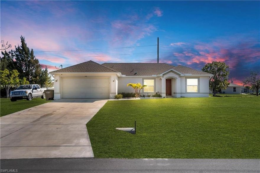 Beautiful newly built home (2023) featuring 3 bedrooms and 2 bathrooms with a spacious split floor plan for added privacy. This home offers high ceilings, tile flooring throughout, and an open-concept kitchen with granite countertops, wood cabinetry, stainless steel appliances, and a large island overlooking the main living area—perfect for entertaining. The primary suite includes walk-in closets and a separate shower. Enjoy outdoor living with a covered and screened lanai equipped with ceiling fan, plus an outdoor kitchen area ideal for gatherings. The oversized lot provides ample green space and plenty of room for a pool. Additional features include a 2-car garage and a long driveway for extra parking. Located in a growing Cape Coral neighborhood, this property is perfect for modern Florida living.