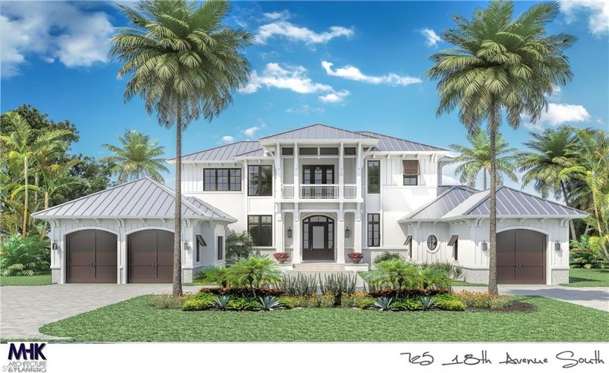 New construction, waterfront home, in Aqualane Shores designed by MHK Architects with interiors by Jeffrey Fisher Home and built by Waterside Builders. This sprawling, 5 bedroom + den open floorplan will allow you to host guests comfortably and entertain with plenty of room in the living/dining area or under the stars in the outdoor living area with fireplace and outdoor dining area with kitchen. The plan includes the master bedroom and study on the first floor. Other notable features include two laundry rooms, an elevator, a second floor loft with sitting area and stunning pool/spa as well as a 3 car garage and boat dock/lift. The canal provides direct access to the Gulf waters and sunsets. Aqualane Shores is minutes from the shopping & dining experiences of downtown Naples and pristine beaches. Estimated completion is spring of 2022.