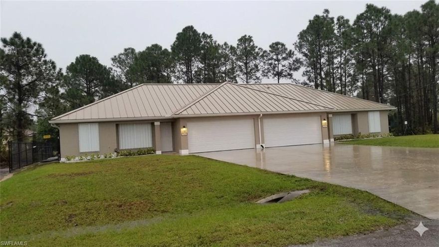 Prime Investment Opportunity, make this beautiful turnkey the next addition to your real estate portfolio. This duplex has a Spacious Layout Each side is designed with an open floor plan, featuring 3 bedrooms and 2 bathrooms, large 2 car garage (Note: The versatile den is currently utilized as a 3rd bedroom).This property has been meticulously maintained by the current owner ensuring that the next landlord inherits peace of mind without all the headaches. Both units feature long-term tenants, providing immediate and consistent cash flow from day one. With stainless-steel appliances, crown molding, custom cabinetry, tile and wood flooring throughout. Convenient inside laundry room hookups. You will be worry free and have Hurricane Protection with the Standing Seam Metal Roof that was Installed 2023, plus accordion shutters for quick and easy storm preparation. This property has a fully fenced backyard; and an expansive patio that offers a great space for outdoor relaxation and is designed with the flexibility to be enclosed in the future. Conveniently located, with Easy access to SR 82. Fort Myers, No HOA and not located in a flood zone, offering additional cost savings as flood insurance is not required.