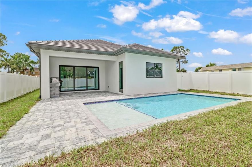 This is your chance to own a custom designed luxury home newly built in the desirable Naples Park and pay no HOA fees. With 3 bedrooms plus an office which can be used as an additional room, 3 bathrooms, a two car garage and an in-ground pool for you and your guest's enjoyment. All new stainless steel appliances will shine with the sparkling white quartz countertops, which you will also find in the laundry and bathrooms. This design features plenty of windows to take advantage of the natural light Florida has to offer. Sliding glass doors lead from the family room to the enclosed Lanai and BBQ area which overlooks the pool area. There is also a door to access the backyard from the master suite. Impact windows for easy storm protection. Proposed brick pavers line the driveway up to the home and the pool deck. This home is close to the beach only 1.5 miles away and shopping and dining at the Mercato plaza is only 1.8 miles away. More shopping dining and fitness options are within biking distance. Situated nearby to the iconic Vanderbilt Beach at the Gulf of Mexico and The Ritz-Carlton, Naples.