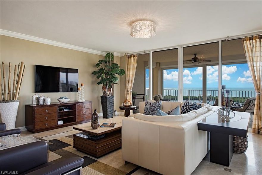 Presenting an exquisite, renovated luxury condominium in Cap Ferrat in Pelican Bay with expansive views of the Gulf of Mexico. You will enjoy wonderful natural light in this 16th-floor end residence with terraces that provide views of Clam Pass, Gulf waters and captivating sunsets and a terrace overlooking the evening lights to the east. Attention to detail is evident throughout with renovations that include kitchen, baths, window treatments and more. The kitchen boasts a center island accented by Vetrazzo reclaimed glass countertops, built-in banquet, luxury appliances and flooring accented with stainless steel insets. The master suite features beautiful views, walk-in dual closets and bath featuring fabulous cabinetry and Symphony countertops. Complete with its own poolside cabana, owners may grill in the privacy of the cabana terrace and entertain guests. This residence has two parking spaces and two storage units. Residents of Cap Ferrat enjoy amenities such as the exercise facility, two guest suites, tennis courts and beautiful resort-style pool and spa as well as the wonderful Pelican Bay amenities including the private beach clubs, kayaks, tennis facilities and so much more.