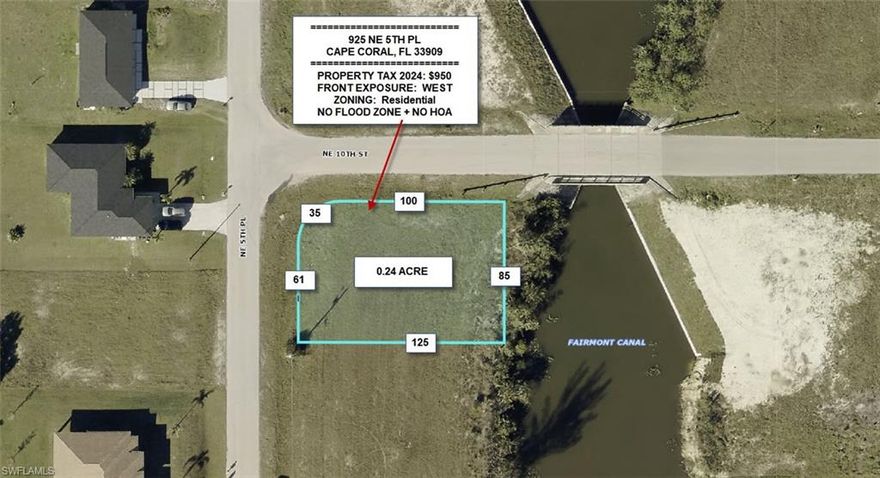 Beautiful Corner Canal Lot on this highly desirable area of Cape Coral, Fairmonnt Canal can access several lakes in its proximity. Located close to schools, shopping, beaches, dinning. NOT in FLOOD ZONE, City water and sewer just got hooked up recently, perfect to build. Buy now before price goes higher and can build later.