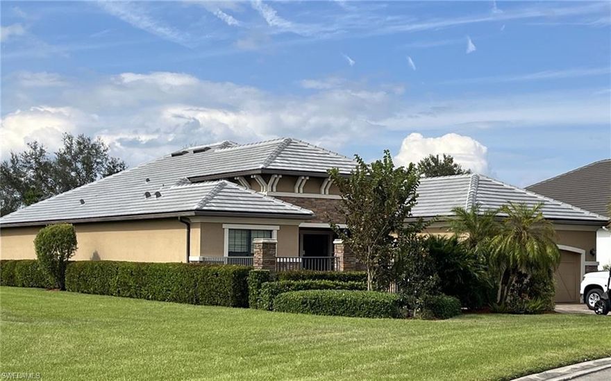 AVAILABLE NOW ~ MOVE-IN READY! THIS REMARKABLE, INLAND, LUXURY-BUILT HOME OFFERS OVER 3000 SQ. FT. OF LIVING SPACE WITH 3 BEDROOMS, 3.5 BATHS, DEN, FAMILY AND GREAT ROOM, GOURMET KITCHEN, 2 CAR + GOLF CART GARAGE, AND A SPECTACULAR, PANORAMIC GOLF COURSE VIEW! Situated on one of the LARGEST LOTS IN RIVER HALL COUNTRY CLUB, this PRIME, OVERSIZED HOMESITE is surrounded by BREATHTAKING ESTATE HOMES. The BELLA CASA VII welcomes you with a SPACIOUS, GATED COURTYARD which leads you through the DOUBLE DOOR ENTRY and into an EXPANSIVE GREAT ROOM with GORGEOUS VIEWS OF THE GOLF COURSE, while offering PLENTY OF PRIVACY! The SOARING 11’ CEILINGS contribute to the SPACIOUSNESS of this SWEET RETREAT! The DEEP BACK YARD offers room for your pool/spa/outdoor kitchen and more!! For added comfort, this beautiful inland home is located in the desirable ZONE "X" and has ELECTRIC HURRICANE SCREEN, ROLL DOWN and MANUAL SHUTTERS. In addition, a NEW TILE ROOF was installed in 2024! River Hall Country Club offers a UNIQUE LIFESTYLE with AFFORDABLE, CHAMPIONSHIP GOLF. Amenities include 2 Pools, Pickle Ball, Tennis, Caloosa Grille, Lakeside Bunker Bar/Cabanas/Dining, Practice Range & More!