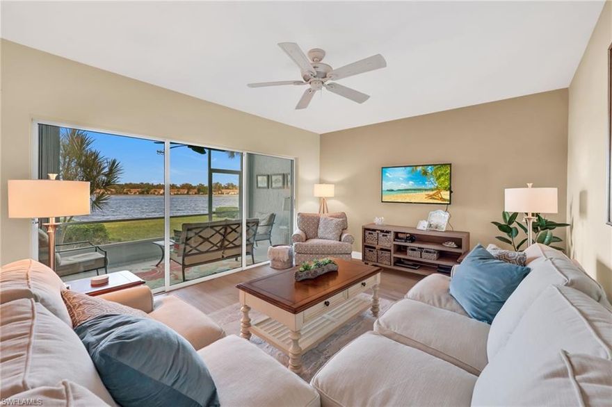 RARELY AVAILABLE • REMODELED • GORGEOUS LAKEFRONT • GARAGE. This stunning lakefront condo in the highly sought-after LAKESIDE is a rare opportunity and has been remodeled with exquisite detail with over $60,000 of improvements in the last few years. Enjoy serene lake views in a gated community centered around a 40-acre lake and loaded with amenities. Featuring 2 bedrooms and 2 baths, it boasts an open-concept and designed for both style and comfort, this condo showcases extensive upgrades, including: a New 16 SEER2 air conditioning system, Plantation shutters, Tray Ceilings, Porcelain Wood Flooring throughout the main areas, Updated Fans & Lighting, Manual Accordion Hurricane Shutters, New Baseboards and a Beautiful Tiled Lanai. The gorgeous kitchen has Granite countertops and a ceramic backsplash with under cabinet lighting, Custom Cabinetry and Stainless Steel Appliances. The bathrooms have new plumbing fixtures and the primary bathroom has a Waterfall Shower with a trackless door and the guest bath has a Ceramic tile tub with shower surrounds. Lakeside is a gated community with a 40-acre lake and offers many amenities, including two swimming pools, spa, and a two-story Old Florida clubhouse, complete with sauna, weight room, shower, kitchen facilities, library and game rooms. Lakeside also features five clay tennis courts, tot playground, pickle ball, shuffleboard, bocce and basketball courts. A 1.5 mile walking path meanders through an award-winning lush landscape including two lighted lake fountains. This beautifully remodeled lakefront condo in Lakeside offers a blend of luxury, comfort, and community amenities, making it an ideal choice for those seeking a serene lifestyle with access to recreational activities. With its stunning interior features and prime location, it is both a rare find and a perfect opportunity for prospective homeowners and all of this in a prime North Naples location.