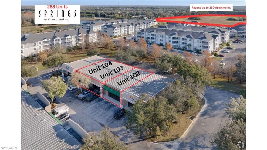 Stop paying rent when you can invest in your own location to grow the balance sheet of your business, hedge against inflation and never pay another rent increase. This very rarely available owner user opportunity is located in the heart of Lee county’s highest growth area, just west of I-75, along the Daniels Parkway corridor. The CPD zoning offers many uses including medical, professional office and retail. Fort Myers was recently ranked one of the fastest growing cities in the country for starting a new business. Be sure to see our video to help orient you around this highly desirable area where density is increasing and there is significant growth in multi-family dwellings. This listing is for a 1,824 square foot unit, it could be added to two other units for a combined 5,472 square feet. The seller has partnered with a local bank to help facilitate the acquisition of your new location.