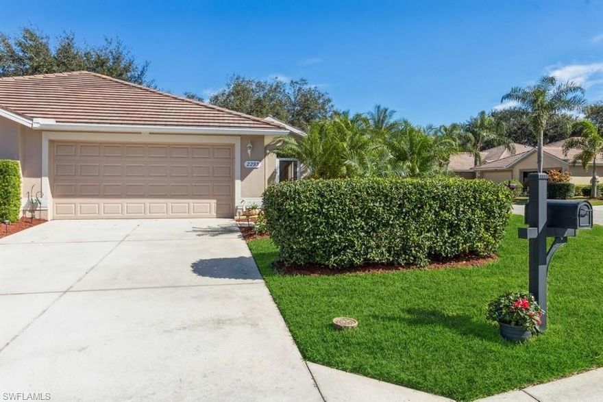 Elegance is revealed in this beautifully upgraded and remodeled one-of-a-kind END UNIT Villa. As you enter the home through the gorgeous Bowen Door you will notice the open floor plan, plenty of natural light, graced with high ceilings and crown molding. This delightful home includes a nice wonderfully updated kitchen, breakfast bar, granite counter tops and tastefully done back splash, white cabinets and stainless steel appliances. The home features plantation and hurrcaine shutters throughout, updated bathrooms with granite counter tops and designer mirrors, oversized master bedroom with two closets, two lanais that overlook beautiful lush landscaping. Enjoy the endless ambience of peace and tranquility on your lanais while sipping your morning coffee or evening wine. This home is being sold with a warranty. This is Florida living at its finest! Community Amenities Include: Clubhouse, Community Pool and Spa, Exercise Room, Golf Course, Pickleball, Tennis Courts, and So Much More. This Gated Community has a Guard on duty 24/7. Located close to I-75, SW Florida International Airport, Gulf Coast Town Center, Shopping, Dining, and the Beaches! Don’t delay! Come view this home today!