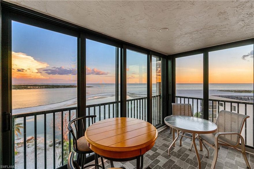 Beautiful 8th-floor beachfront END-UNIT with spectacular Gulf, Inlet & Bay views on the peaceful South End of Estero Island! This 1082 sq ft coastal retreat is finely appointed with 2 beds/2 baths, an inviting open floor plan, hurricane impact windows, new HVAC (Dec 2021), and tile and laminate flooring throughout. Enjoy some of the best views on the island- from breathtaking sunsets over the Gulf of Mexico on your spacious lanai to serene sunrises over the bay. The screened lanai offers a 270+ degree view and NEW hurricane impact glass sliders, providing the flexibility to be an enclosed sunroom or an open-air retreat when you want to soak in the soothing sounds of the surf. The kitchen is designed for both beauty and functionality, showcasing light custom cabinetry, granite countertops, stainless steel appliances, tray ceiling with accent lighting, and extra counter space and cabinets for storage. Retreat to the primary bedroom, where you'll find private access to the lanai, stunning Gulf views, a walk-in closet, and a generous bathroom. This unit includes a parking space and an extra storage room on the same floor as the unit for your convenience. Islands End offers resort-style amenities, including two community pools, a spa, BBQ grills, tennis/pickleball courts, kayak storage, a fishing pier, and a community room. Since Hurricane Ian, Islands End has undergone several million dollars worth of repairs and improvements. SIRS compliance for the building was completed November 2024. The reserve study has been completed and approved. Islands End is perfectly situated close to Big Carlos Pass providing easy access to Lovers Key and Bonita beach. Experience the perfect blend of relaxation and recreation in this exceptional beachfront retreat!