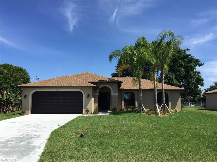 *NEW CONSTRUCTION, ready in August**Great location East of Del Prado & South of Viscaya with easy access to dining, shopping & medical facilities in Cape Coral & Downtown Ft. Myers. Nestled in a well established neighborhood across from Gulf Access homes & walking distance to Rosen Park (a water front park w/boat ramps, fishing dock, restrooms & covered picnic areas). ALL city utilities in place & PAID IN FULL. Great Room design with 3 bedrooms, 2 baths, split bedrooms, inside laundry room with deep sink & large (9x20) screened lanai. Some features include:  tile floors throughout with carpet in the 3 bedrooms, 4 ceiling fans, granite counter tops in kitchen & both bathrooms. Master bedroom has a tray ceiling, large walk-in closet and the master bath has dual sinks & walk-in shower. Plenty of room to add a pool & this home has irrigation system & will be finished with upgraded landscaping. Stainless steel kitchen appliances to include: side by side refrigerator, dishwasher, microwave & range. Kitchen will also have under cabinet lighting.
**builder is VA approved