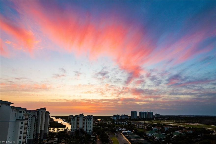 A rare opportunity to acquire a spacious Nevis Penthouse Residence in Cove Towers! Elevated above North Naples’ pristine coastline, this 18th-floor penthouse represents a rare opportunity to claim a sky-level sanctuary.  Framed by sweeping panoramas of the Gulf, Wiggins Bay, and the fairways of the new Kinsale Golf Club, this exclusive residence is accessed via a secured, private-code elevator that opens directly
into a world of light, air, and spaciousness.  Expansive in scale, the floor plan is crafted for both effortless living and sophisticated entertaining. The primary suite is a retreat unto itself, complete with a private lanai and an adjoining den designed for quiet moments or media enjoyment. Two en-suite guest rooms, each with lanai access, ensure privacy and comfort, while an additional flexible study offers space for work, creativity, or overflow guests. With four distinct terraces or lanais, the home delivers an uncommon level of indoor–outdoor living—morning sun on one side, painted sunsets on the other.  Nevis residents enjoy exclusive access to a resort-style pool, lap lane, and the coveted Calypso Club, complete with fitness, social spaces, a catering kitchen, outdoor pavilion with fireplace and grills, and two guest suites. An available transfer membership to Tarpon Cove Club unlocks a lifestyle of coastalamenities, including a boat shuttle to Delnor-Wiggins Pass beach, clubhouse dining, tennis, bocce, outdoor tiki bar, and multiple pools. Nearby marina slips may be available, with potential off-season golf reciprocity adding to the appeal. Directly across the street, the newly debuted Kinsale Golf Club provides ever-changing emerald views and, subject to its waitlist, the possibility of private membership.
A penthouse of this caliber offers not just a residence, but a canvas—ready to be imagined into a
personal coastal masterpiece, offering exceptional value when compared to newer luxury towers along
Naples’ coastline.