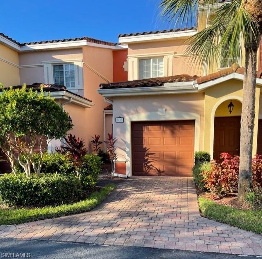 This is a rare opportunity to purchase an original owner unit that was occasionally used in the Estero community of Villagio. Unit is sold FURNISHED TURNKEY with linens, kitchen supplies, etc. This unit had no hurricane damage and is ready to move in!  This two bedroom two bath condo has 20x20 porcelain tile throughout main living areas including the private lanai.  Additional features include hurricane impact windows and doors, perimeter crown molding, newer ac, and a first floor location with private garage attached. Villagio offers a café, full gym, two pools, tennis courts, and a movie theatre, and  24/7 guarded gate.