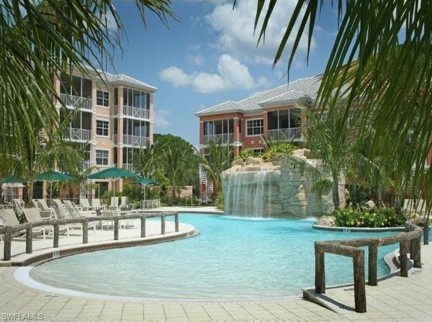 This is the ONLY RESIDENCE AVAILABLE on the Resort Pool with an OUTSIDE SPIRAL STAIRCASE! The view is exceptional, and is possibly one of the best around the Huge Resort Pool. This Favorite Floor Plan has an exceptional Lanai plus has its own private patio! You will love the tropical feel and relaxed Caribbean atmosphere of Bonita Village.  The main living area features a mini Great Room with Porcelain Tile floors! The Kitchen is open with Venetian Gold Granite, 42" cabinets and is fully equipped and it just feels good with the Volume ceilings,  black-out drapes, and cheerful Turnkey furnishings! The staircase from the Lanai offers quick access to the Resort Pool without going to the elevator! Your guests will love it! Bonita Village's gated atmosphere is casual yet upscale, and is very close to everything you will want to do when in SW Florida! One can be at Bonita Beach in as little as 180 seconds, or be shopping at Coconut Point Mall, South Florida's largest mall, in 10 minutes. It does not take long to become accustomed to the easy going lifestyle of Bonita Village and Bonita Springs! See it today!