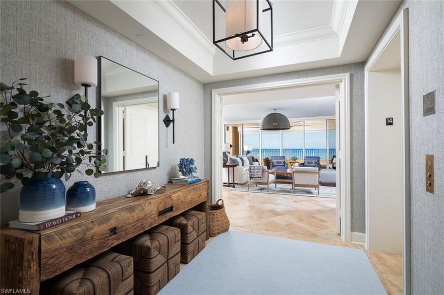 With 4,575 square feet of living space, including 925 square feet of private covered outdoor terrace space, take in breathtaking panoramic views of the Gulf of Mexico to the west and the Pelican Bay cityscape to the east.  Revel in unmatched, sweeping views that stretch from the serene shores of Park Shore to the distant charm of Sanibel, offering a truly breathtaking setting for a refined lifestyle.  Poised elegantly on the 14th floor, this prized 03 Cap Ferrat residence boasts four bedrooms, a versatile den, and expansive living spaces complete with two garage spaces. Step off the elevator into a private foyer that flows into the impeccably designed interiors curated by the esteemed Calusa Bay Design team. The living room showcases mesmerizing Gulf views, while the rear-facing den captures the vibrant city skyline. Each generously proportioned bedroom includes an en-suite bath, ensuring comfort and privacy for all.
Cap Ferrat offers unparalleled premier amenities, including a 24-hour guard-gated entrance, round-the-clock concierge services, two tennis courts, a state-of-the-art fitness center, two luxurious guest suites, a resort-style heated pool, and secure under-building parking.
Residents of Pelican Bay enjoy world-class benefits, such as nearly three miles of pristine, private beaches, exceptional beachfront dining experiences, a robust community fitness program, and 18 Har-Tru tennis courts that cater to enthusiasts of all levels. This vibrant community blends relaxation with cultural sophistication and is conveniently situated near Artis—Naples and the upscale Waterside Shops. 
This remarkable home embodies the pinnacle of luxury living, offering an exceptional retreat for discerning buyers.