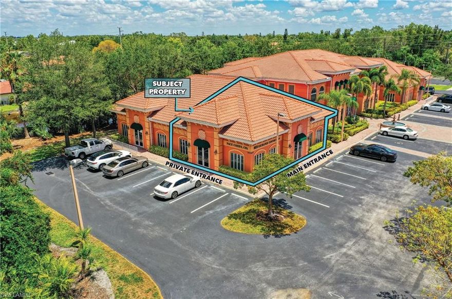 Nicely appointed office / medical office space in Fountain Court Office Park: 8 offices, reception & waiting area, kitchen, 2 storage closets and 2 restrooms (1 with a shower). Built-out, ready for occupancy, Ample parking. Full-median signalized access via Sunshine Plaza. Formerly built-out as a medical office with several existing plumbing locations for exam rooms. SIZE: 2,026 +/- SF. Real Estate Taxes: $4,094 (2023). POA Fees: $16,111 (2024 POA Budget) . Approved for a variety of office and medical office uses. Located along Sunshine Plaza (access road) and Hacienda Village Drive, between US-41 and Old 41 Road, adjacent to Sunshine Plaza.