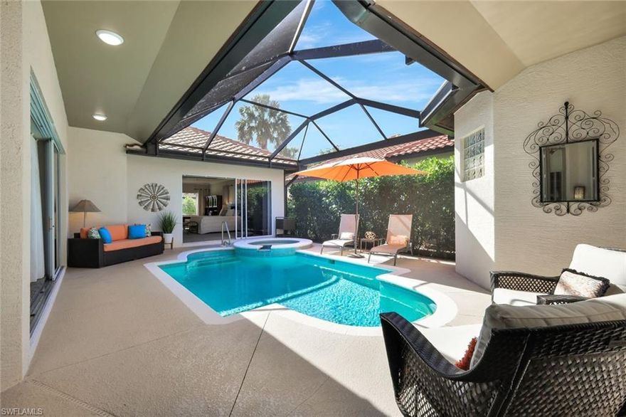 NO WAIT LIST FOR A GOLF MEMBERSHIP! Welcome to Wildcat Run Golf & Country Club in Estero. This charming courtyard-style residence offers exceptional privacy and comfort, featuring a whole-house generator (excluding the pool pump) and a private detached cabana guest suite with one bedroom and a full bath, ideal for visitors or extended stays. Designed for both comfort and privacy, the home centers around a screened-in courtyard with a heated pool and spa, ideal for relaxing or entertaining year-round. Inside the main residence, you’ll find a spacious great room, two bedrooms, two bathrooms, and a two-car garage. The kitchen is well-appointed with stainless steel appliances, marble countertops, a pantry, and ample workspace for everyday living and entertaining. The expansive primary suite opens directly to the screened-in courtyard through triple doors and includes dual walk-in closets, a comfortable sitting area, and a spa-like bath with dual vanities and a large walk-in shower. A secondary guest bedroom enjoys its own private screened-in lanai overlooking the lushly landscaped backyard. Residents of Wildcat Run enjoy access to exceptional amenities, including an 18-hole Arnold Palmer Signature golf course, Har-Tru tennis courts, bocce, pickleball, a modern fitness center, and two on-site dining options. This is a rare opportunity to enjoy luxury living, resort-style amenities, and an active lifestyle all in one remarkable community.