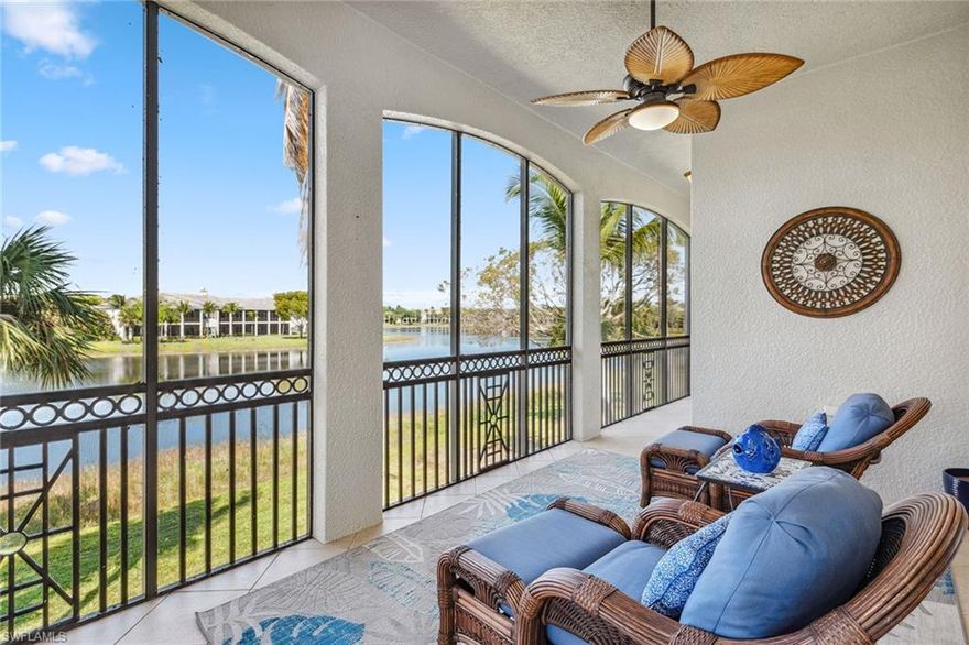 A magnificent second-floor residence that redefines luxury living in the award-winning community of Fiddler’s Creek. This expansive 2,599-square-foot abode boasts three elegantly appointed bedrooms, three-and-a-half baths, and a two-car garage. As you step inside this turnkey furnished home, you’re greeted by a hardwood staircase adorned with iron balusters, setting the stage for the soaring 11-foot ceilings, crown molding, plantation shutters, and tile flooring throughout. The kitchen is a chef’s dream with gas cooking, granite countertops, a breakfast bar, and an eat-in area adorned with a shiplap wall and a sideboard cabinet with open shelving above. The adjacent living room is highlighted by LED-lit floating shelves and a large glass slider that opens to a breathtaking 45-foot-wide lanai, offering panoramic southern lake views. The open great room and dining area provide the perfect space for entertaining and relaxation. The primary suite offers private access to the lanai, two walk-in closets, and an en-suite bath featuring dual vanities with a makeup counter, a frameless walk-in shower, and a separate soaker tub. Both guest bedrooms are designed with comfort in mind, featuring carpet floors, walk-in closets, and en-suite baths. A laundry room with wainscoting, a washer and dryer, and a utility sink with a mosaic tile backsplash add to the convenience of the home. Additional features include a new HVAC system and new recessed lighting throughout. The exterior features a new tile roof, new impact doors and windows, and new paint. Enjoy the luxurious amenities that include championship golf, a fitness center, tennis, pickleball, bocce, a full-service spa, a sauna, casual and fine dining, and a resort-style pool. Golf, beach, and marina memberships are available. Don’t miss this opportunity!