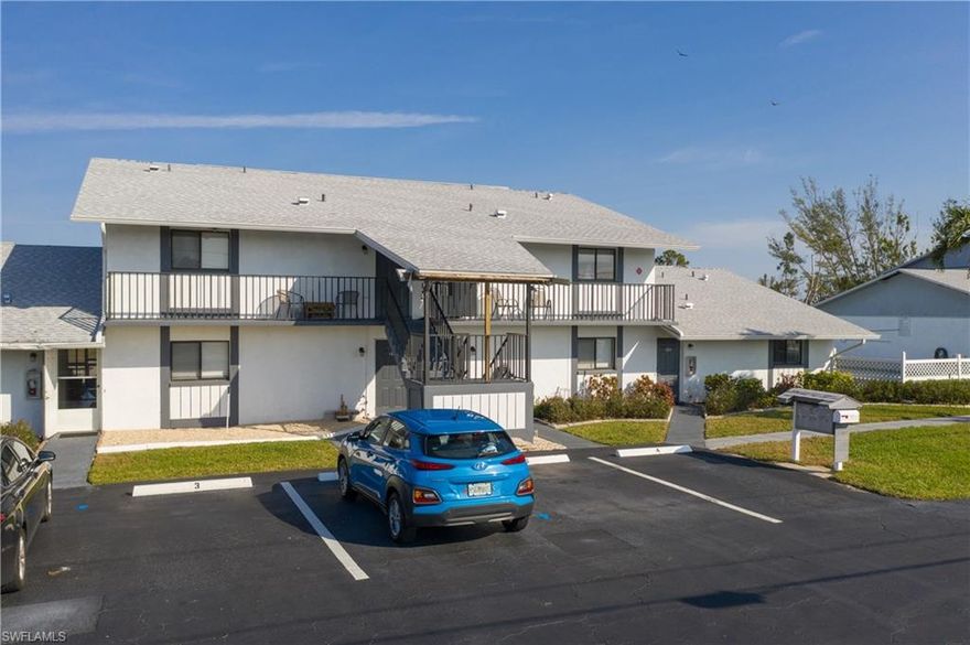 SW Cape Coral! WATERFRONT and RENOVATED! You will absolutely love this adorable waterfront condo.  55+ COMMUNITY.  Kitchen has been renovated and offers stainless appliances, counter seating and even a wine rack.  Main living area has easy care luxury plank tile, cathedral ceiling and glass sliding doors which lead to the tiled SCREENED LANAI and a view of the canal. You could consider this unit has TWO PRIMARY BEDROOMS since the Primary bedroom and Guest bedroom both offer their own ensuite bathrooms.  Primary bathroom has been renovated with marble-like countertop, dual sinks, new shower and frameless shower door.  Guest bath has been also been renovated with new shower, solid surface countertop and frameless shower door.  Primary Bedroom offers a view of the approx. 100’ Barkentine Canal thru the sliding glass doors—lay in bed and enjoy the view.  Both bedrooms have plank tile flooring and the primary has 2 closets.  HUGE deck outside is great for relaxing, watching people fish or the kayakers paddling down the canal.  The HEATED COMMUNITY POOL is located conveniently just to the right of the unit. Laundry closet in hallway holds the stackable washer and dryer which is included.