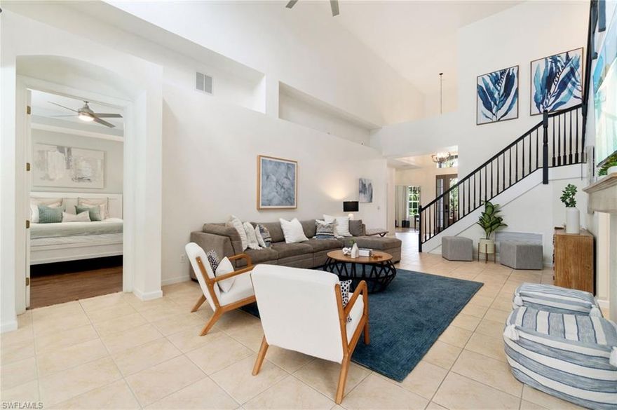 Located in the securely gated and amenity rich community of Delasol in Naples, this exquisite 5-bedroom, 2.5-bath pool home offers unparalleled privacy and tranquility. Set at the end of a quiet cul-de-sac, the home welcomes you with soaring volume ceilings, a sweeping open staircase that creates a grand first impression, and an open floor plan drenched in natural light that begs you to stay a while. The 1st-floor master bedroom is a serene retreat, complete with a spacious ensuite bathroom with dual vanities and his-and-her closets for ample storage.
The interior has been thoughtfully refreshed with a fully renovated first floor half bath, new paint throughout the entire inside and exterior, including the kitchen, where freshly painted cabinets complement the brand-new fridge/freezer. Charming wainscoting, updated lighting, and ceiling fans add to the home's stylish appeal. And the extra-large well thought out storage space under the stairs adds to the practicality and functionality of the home.
Outside, the private pool area is perfect for relaxation or entertaining. The privacy and lush green backdrop adds to the outdoor ambience as you relax by your sparkling salt-water pool. This home seamlessly combines luxury and practicality in one of Naples' most sought-after neighborhoods, Delasol, which is located within an A-rated school zone including Aubrey Rogers high school, the newest high school in North Naples.  Home is in an X Flood Zone, which does NOT require flood insurance.