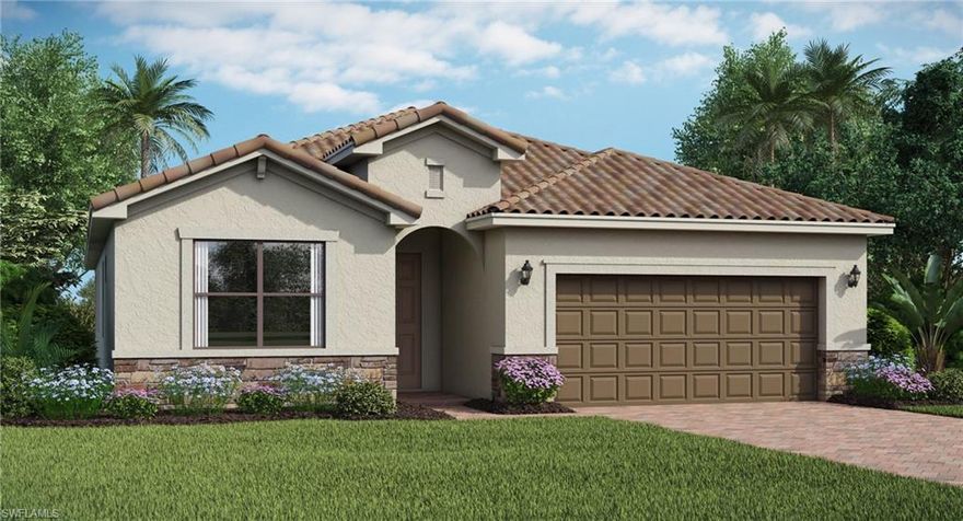 This stunning 2,201 square foot Marsala home is designed to entertain, featuring an open-concept kitchen with quartz countertops and great room with upgraded cabinets, granite vanities in all baths, and 18x18 tile extended throughout home. A sumptuous owner’s suite creates a personal retreat set apart at the back of the home with two walk-in closets and fabulous private bath. Two additional bedrooms each have their own private bathroom. The den is a great home office or hobby room. The Marsala is complete with a spacious covered lanai with heated pool/spa and two-car garage. Orange Blossom is located in the future of Naples and has the most incredible return on lifestyle in all of Naples including 2 Resort Pools, 2 Spas, 2 Basketball, 2 Tennis, 2 Playgrounds, Splash Pad, Social Clubhouse, Fitness Center with Kids Play Area, Full Catering Kitchen & Bar, Sand Volleyball, Fishing Pier and more! Booming area! Rendering, photography & virtual tour are of model home & are used for display purposes only. Estimated completion Sept/Oct 2023.