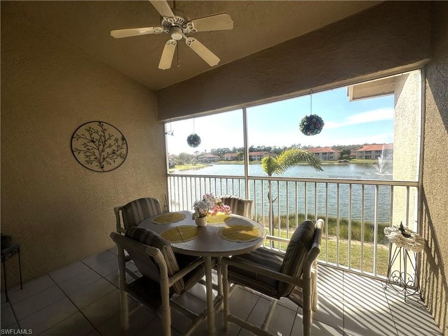 Relax on the lanai as you enjoy the tranquil lake view with fountain feature!  This light and bright second floor condo is tastefully decorated NO CARPETING!.... tile floors in the main areas and vinyl flooring in the bedrooms.  This condo has a SPLIT BEDROOM Floor Plan which is optimal when having guests!  With 2 bedrooms and 2 baths, the Master Bedroom has a KING size bed and guest bedroom has a QUEEN size bed, laundry room off of the eat-in kitchen, an oversized detached 1 car garage (manual open) and 1 assigned parking space. Huntington Lakes is one of the most desired active communities in North Naples, offering a beautiful expansive Clubhouse featuring a billiards room, exercise room, card room/library, large community room, community pool and spa along with 2 other community pools, tennis and bocce courts. Huntington Lakes is convenient to I75, shopping, dining, entertainment and a short drive to the beautiful Naples Beaches. 60 day minimum - 3 months or more preferred for peak season... no smoking - no pets per the association.