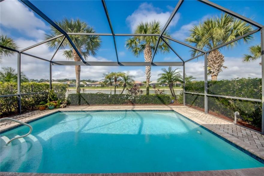 POOL HOME, FURNISHED TURNKEY! INCLUDES NEARLY BRAND NEW GOLF CART! Materita at Pelican Preserve  The stunning Medina Model with 2 bedrooms plus den is decorated with a coastal vibe and is furnished turnkey. NEW AC, NEW HOT WATER HEATER!  Tile throughout. Includes a barely used almost new 4 seater golf cart. You will LOVE the Western Sunset Exposure Lake View which you can enjoy from the pool through a gorgeous picture window screen. Good size pool deck with outdoor sitting or dining area. Fully equipped and has a comfortable floor plan. The den has a pull out couch so there is lots of room for guests to sleep. Plantation shutters.  Pelican Preserve is a top 55+ active community with a Town Center, Pools, Pickle Ball, Tennis, optional Golf Membership, and over 100 clubs and activities.