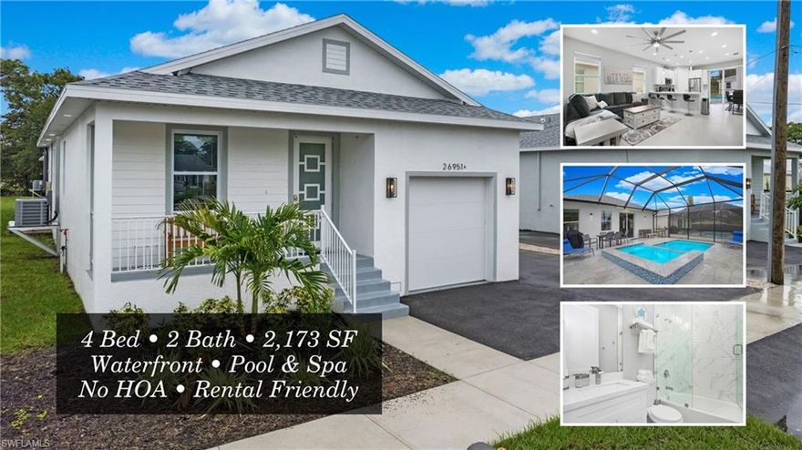 Welcome to this canal-front property located on Riverside Drive in the desirable Rosemary Park area of Bonita Springs. The main residence offers 4 bedrooms, 2 bathrooms, and approximately 2,173 square feet of living space with a functional split-bedroom layout.

The home features tile flooring throughout, impact-resistant windows and doors, and an open living and dining area designed for comfortable everyday living or rental use. The kitchen is equipped with modern appliances and connects seamlessly to the main living spaces.

Outdoor living includes a private below-ground pool and spa, creating an inviting space to relax or entertain. Adding exceptional value is a separate guest house featuring 2 bedrooms and 1 bathroom, offering flexibility for extended family, guests, or additional rental income.

Situated on a canal-front lot with no HOA restrictions, this property allows for short-term rental flexibility while remaining conveniently close to Bonita Beach, shopping, dining, and major roadways.

A unique opportunity to own a versatile waterfront property with multiple living spaces in one of Bonita Springs’ most convenient locations.