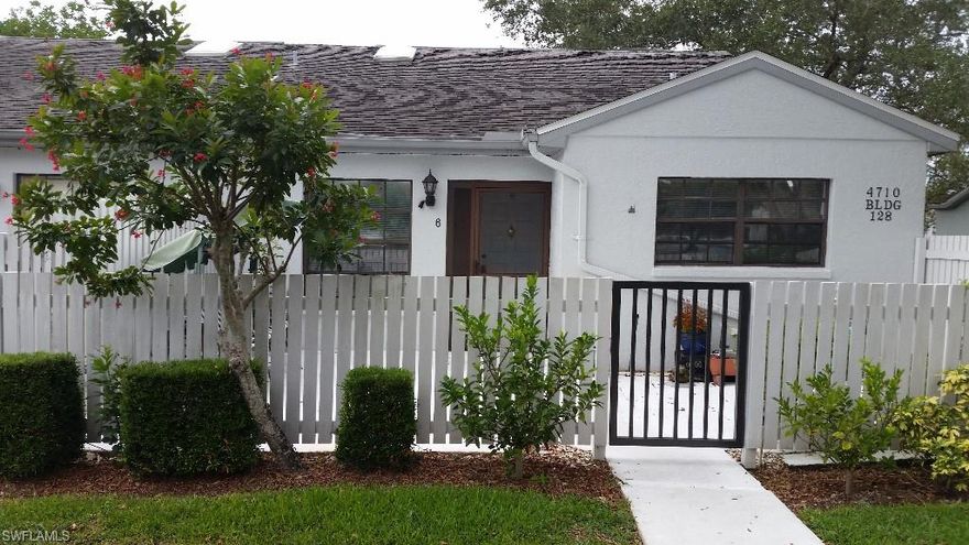 Pine Ridge is a hidden treasure for 55+ buyers. It offers a wonderful lifestyle for it's residents. The association fees are affordable at $1,044 per quarter($348/mo) and includes water/sewer, basic cable, lawn care, exterior pest control, security, roof and exterior painting, exterior insurance coverage, etc and all of the amenities. Amenities include: community clubhouse, pool/spa, a large lake, walking, biking, and jog path, club house, picnic BBQ area; plus many activities such as water aerobics and volleyball, Cardio exercise, line dancing, card games, bocce, shuffleboard, access to golf/bowling & many more activities. Easy Access to I-75 and SWFL attractions, restaurants, shopping.
All this makes it worth while to view this 3 BR/ 2 Bath attached villa- end unit. It has a vaulted ceiling for the dining and living room area, a skylight, eat-in kitchen, tile floors through-out with new tile in living-dining and the bedroom areas. The laundry area inside the residence. Enjoy the screened lanai with extra storage closet and nice green landscaped view  that includes a mango and lemon tree, and a banana plant. The refrigerator is new. AC is a 14 seer unit. Furniture in unit stays.