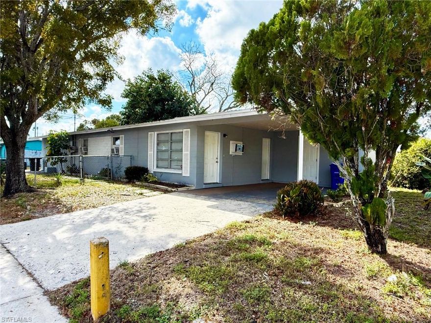 Available now! This well-maintained 4-bedroom, 2-bath home sits on a corner lot in a quiet, centrally located Fort Myers neighborhood. The guest suite has a private entrance. Enjoy the convenience of a covered carport and in-unit washer and dryer, making everyday living easy. The single-story layout offers generous living space, natural light, and a comfortable flow throughout. Surrounded by mature trees, the home provides a peaceful setting while remaining close to shopping, dining, schools, and major roads—perfect for commuters or families seeking both space and accessibility.