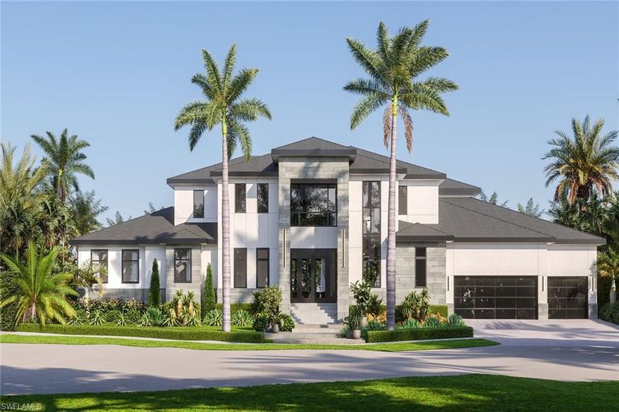 This stunning modern waterfront estate is under construction with an estimated completion in summer 2026, offering spectacular, expansive river views, 136 feet of waterfront, and exceptionally quick, direct boating access to the Gulf with no long idle zones. Crafted by highly regarded luxury builder Lusso Builders, this luxury home showcases exquisite quality and striking contemporary architecture defined by a dark charcoal slate roof, bronze glass-paneled garage doors, sunset silver stacked stone accents, and a dramatic Suncoast iron entry door that sets the tone for its elevated coastal aesthetic. Clean architectural lines, expansive walls of glass, and thoughtfully curated finishes flood the interiors with natural light while perfectly framing panoramic water views and creating a seamless connection between indoor and outdoor living spaces. The expansive and thoughtfully designed floor plan includes five bedrooms plus a den, six full baths, two additional half baths, and a three-car garage, offering exceptional flexibility, privacy, and comfort for both owners and guests. Main living areas feature 24-by-48-inch porcelain tile flooring, high-reflective ceilings, and a striking 60-inch bespoke smart fireplace anchoring the great room and enhancing the home’s modern elegance. Handmade Amish cabinetry is featured throughout the residence and paired with Brizo plumbing fixtures, designer hardware, and a refined palette of soft neutrals and warm wood tones for a timeless yet contemporary feel. The chef’s kitchen is both beautiful and highly functional, showcasing quartz countertops, decorator white cabinetry with cashew-tone accents, a custom Amish-crafted hood with ZLINE insert, and premium appliances including a Wolf eight-burner dual-fuel range, Sub-Zero cabinet-ready refrigerator, Bosch dishwasher and Sapphire ice maker, while a fully equipped butler’s pantry provides additional prep, storage, and refrigeration with Fisher & Paykel appliances and statement tile backsplash details. Designed for effortless entertaining, the kitchen and main living areas open to expansive outdoor living spaces highlighted by a resort-style pool and spa finished in Aura Nude Blend tile, a porcelain-tiled lanai, an outdoor smart fireplace clad in sunset silver stacked stone, and a fully appointed outdoor kitchen with stone countertops and backsplash, Coyote grill with insulated jacket, Sapphire beverage refrigeration and ice maker, and slate gray cabinetry, ideal for alfresco dining and sunset gatherings along water’s edge. Primary suites and guest accommodations are designed as private retreats featuring spa-inspired baths with marble-style surfaces, freestanding soaking tubs, custom cabinetry, and carefully selected tile and stone finishes that elevate everyday living, all ideally on Marco Island just minutes from fine dining, boutique shopping, executive airport and the island’s white sand beaches. Some photos have been virtually enhanced.