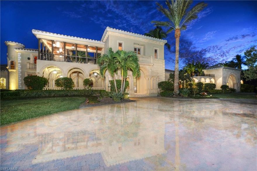 This timeless, elegant and classic one of a kind posh executive style mansion in Quail West was designed for comfortable living and lavish entertaining and has architectural details that are beyond extraordinary. Spread over 11,300 square feet of living space on almost 2 acres, there are 6 bedrooms plus a 2 story library, a home theatre, wine room, game room and a bar/lounge, making this a true estate by every definition. Upgrades are extensive to fit the presence of this home, including a gourmet chef’s kitchen with custom cabinets and granite counter tops, wood and marble flooring, extensive wood trim and coffered ceilings, a lighting system, surround sound audio system, and a expansive master suite with his/her closets and baths, exercise room with sauna and a separate pool. Additional notables include a private elevator, 5 car garage, custom closets, custom wood beams, copper downspouts and flashing, and more. The exterior features 3 gorgeous pools, a spa with waterfalls, fireplace, and a expansive lanai. The property, itself, features two guest houses, landscape lighting and views from every room and balcony.