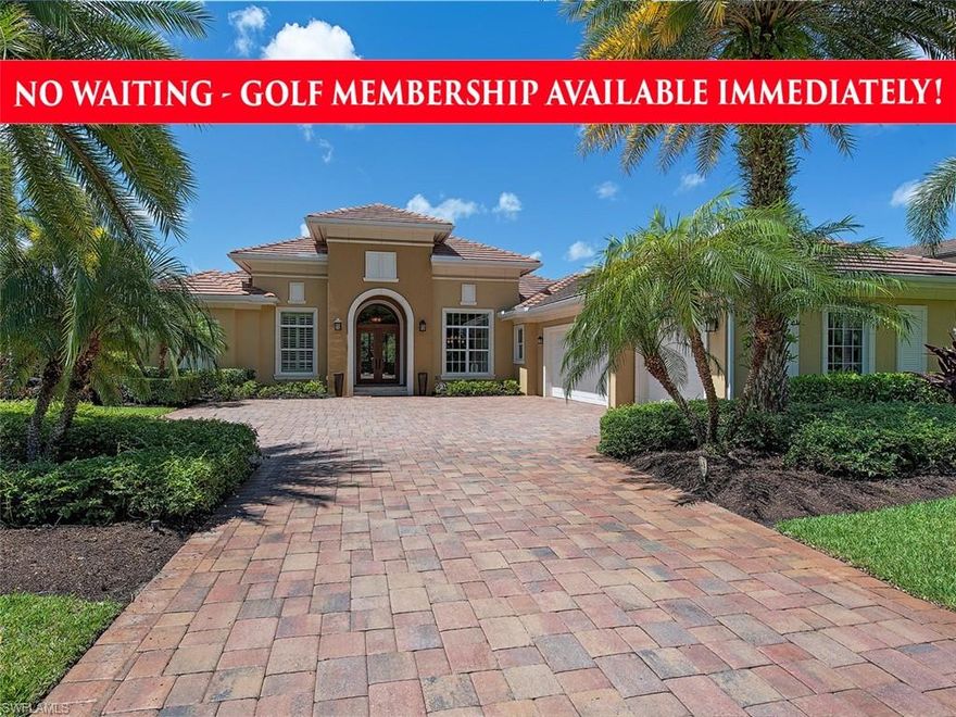 NO WAITING! FULL GOLF MEMBERSHIP AVAILABLE.  As you enter the custom brick paver drive surrounded by mature, tropical landscaping, you are instantly greeted by the grandeur of this exquisite estate. Stunning designer appointments are found throughout, including coffered ceilings, expansive windows, plantation shutters & beautiful tile flooring throughout the main living areas. The expansive great room is beautifully appointed with volume ceilings & tropical views through disappearing sliders.  The tasteful formal dining room features a lighted niche & oversized windows allowing abundant natural light to flood the space. Casual meals can be enjoyed in the delightful breakfast nook. The large gourmet kitchen offers wood cabinetry, built-in appliances & expansive granite countertops covering the work spaces, center island and breakfast bar. Step into tranquility in the spacious master suite with a delightful sitting area and French doors to the lanai. The luxurious master bath features his and hers vanities, oversized soaking tub & walk in shower. Outdoor living & dining opportunities abound on the screened lanai featuring a summer kitchen, outdoor fireplace, sparkling pool & spillover spa with long southern facing lake views