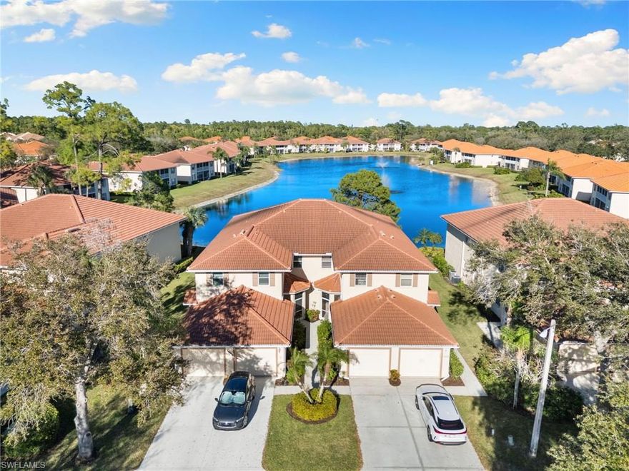 This exceptional second-floor coach home presents a rare opportunity to own a beautifully upgraded lakefront residence in Sherwood. Perfectly positioned with a long lake view, the property captures the community’s most expansive water views, offering a serene setting to enjoy Southwest Florida’s stunning sunrises. Extensively and thoughtfully renovated, this residence showcases updated wood-look laminate flooring throughout the main living areas, with comfortable carpeting in the bedrooms. Plantation shutters enhance both style and privacy, while impact-resistant glass doors and windows provide added security and peace of mind. The kitchen has been completely reimagined with updated quartz countertops, and extended gourmet cabinetry—including additional cabinetry in the kitchenette—a farmhouse sink, and elegant over- and under-cabinet lighting. The result is a bright, functional space ideal for both everyday living and entertaining. The spacious primary suite features updated lighting fixtures and a beautifully renovated en-suite bath with quartz countertops and white cabinetry. The guest bathroom has also been upgraded with a quartz countertop, ensuring a cohesive, modern aesthetic throughout. Additional highlights include: epoxy-coated flooring, pull-down attic access for added storage, 2025 Trane A/C system, and no-see-um screens for enhanced outdoor comfort. Residents of Sherwood recreational amenities include one tennis court, four pickleball courts, and a club house with a pool, providing outstanding opportunities for active living within this well-maintained community. Conveniently located just off Radio Road in Naples, this home is approximately eight miles from downtown Naples and offers easy access to the interstate, Gulf beaches, premier shopping, and fine dining—delivering the very best of the Florida lifestyle.