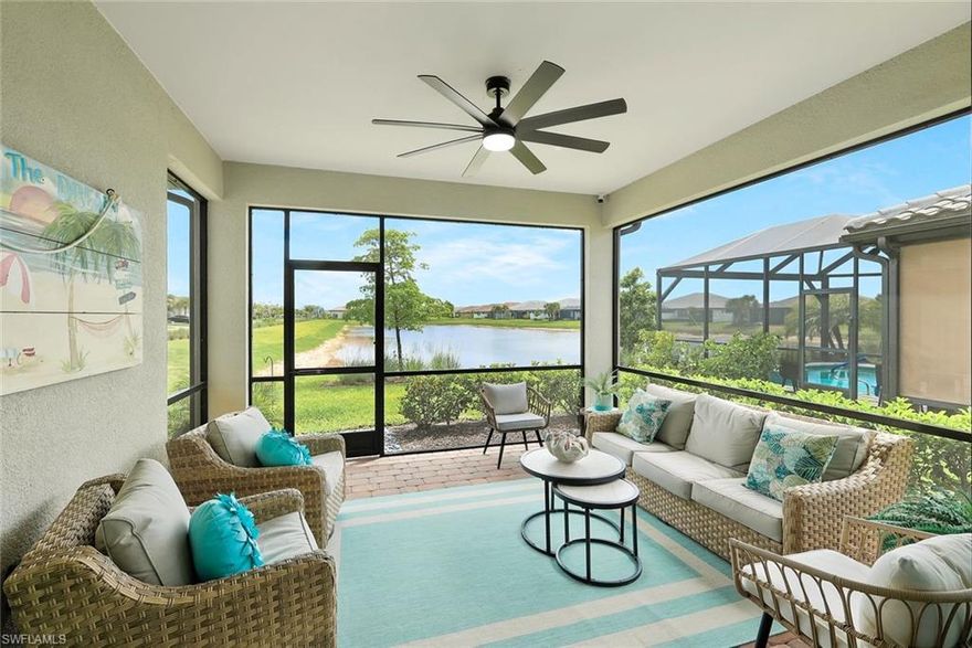 Experience the epitome of resort-style living in this ABSOLUTELY STUNNING WATERFRONT GEM, where coastal charm meets modern elegance in Esplanade Lake Club. This meticulously maintained home features two bedrooms, two baths, and a den, all showcased in an open-concept layout perfect for entertaining. With exquisite appointments such as tile flooring throughout, plantation shutters, stunning feature walls, a custom drop zone and custom paint, every detail contributes to a serene atmosphere. The kitchen dazzles with quartz countertops and stainless-steel appliances, complemented by both over and under cabinet lighting for a stunning look. Step out to the lanai and discover your own private oasis; the tranquil water view ensures COMPLETE SECLUSION from rear neighbors, making it the perfect sanctuary to host friends or get lost in a great book. Take advantage of Esplanade Lake Club's unparalleled amenities: boating, waterskiing, fishing, and paddleboarding as well as a five-star resort-style amenity center featuring a magnificent pool, hot tub, Bahama Bar and Toasted café as well as a full-service spa, fitness center, Har-Tru tennis courts, pickleball and bocce ball. IDEALLY LOCATED near vibrant dining and shopping options and less than a ten-minute drive to Fort Myers airport. A MUST SEE!