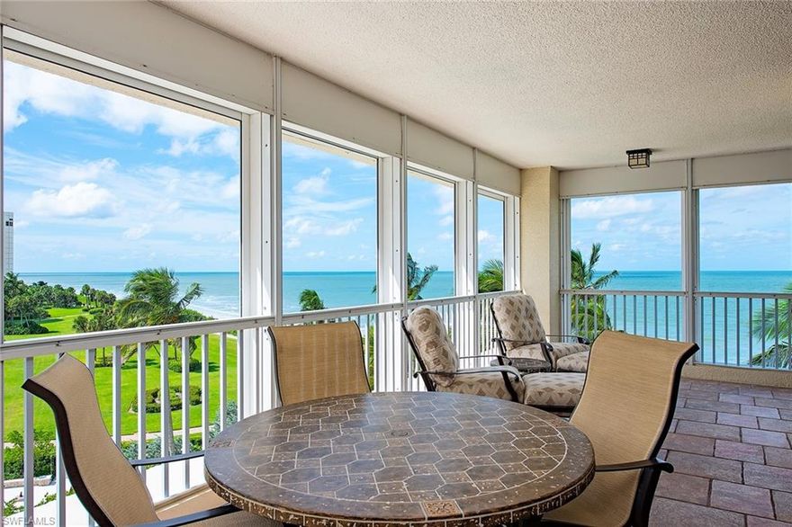 Prestigious beachfront Park Plaza. Absolutely breathtaking views! Light flows through this rarely available southwest corner residence featuring a fabulous wraparound shuttered balcony overlooking the Gulf and the park. Three gracious en suite bedrooms allow guests the ultimate in privacy. Enjoy the open and inviting living room with 9' ceiling and walls of glass. The kitchen has breakfast area and two pantries. Laundry room has utility sink and storage room. All new impact glass sliders and windows throughout. Plentiful amenities including theater, Roof Top Lounge and terrace, heated pool, spa & bar with grills. Two guest suites. Located in the heart of Park Shore walking distance to The Village for dining, shopping and boating or take a stroll along the beach on the Promenade. Awesome long-standing staff.