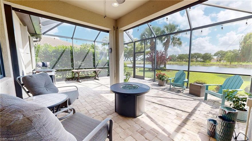 Ave Maria Florida Living at its Finest, Del Webb Naples is a Premier 55+ Amenities & Lifestyle Rich Community. Exceptionally Optioned “Abbeyville” Model, w/Covered & Extended Rear Lanai/Patio Providing Approximately 500 Sq. Ft. of Outdoor Living/Entertaining Space, Stone Front Elevation, Florida Rm, 3rd Bedroom Option, 4’ Garage Ext. on Oversized Premium Water Lot, Stunning Beautifully Landscaped Views, 1805 Sq. Ft. 2225 Total Sq. Ft., 3 Bedrooms, 2 Full Baths, 2 Car Garage. Other Options Include; Kinetico Water Filtration System, Hurricane Electrical Roll Down Shutters at Rear Lanai, Accordion Hurricane Shutters on Windows,  Tile on Diagonal Through Most, Wood Flooring in Bedrooms, 42” Cabinets, Granite Tops, Tile Backsplash, Pendant Lighting, Ceiling Fans (x5), Tray Ceiling w/Crown at Master Bed Rm, Dual Sinks Step-In Shower at Master Bath, Walk-In Closet, Plantation Shutters, Crown Molding, 8’ Interior Doors, 5 ¼ Base, Finished Laundry Rm w/Utility Sink/Storage Area (2nd Pantry). Property Complimented by Oasis Club Resort Style Amenity Center – Resort Pool/Lap Pool/Jacuzzi, Fitness Center, 12 Pickleball Courts /2 Tennis Courts/ 4 Bocce Courts, Catering Hall, Golf Sim, Billiards, Movement Rm, Activities Director. Semi-Private Championship Style Golf Course, Pro Shop, On-Site Golf Pro, Restaurant. “Come Experience the Beauty that is Ave Maria”