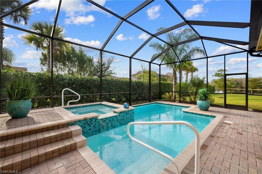 Don't miss this rare opportunity to own a 2020-built villa with a POOL & SPA in Marina Bay with IMPACT WINDOWS & DOORS. This home is located on a HUGE LOT with total privacy & an unobstructed lake view! This popular Nantucket floorplan has nearly every upgrade possible including quartz countertops, $12,000 extra for premium laminate wood flooring, crown molding, above & under cabinet lighting, designer backsplash & wall tile in bathrooms, direct access door from master BR to lanai, and hurricane impact windows, doors & sliders for the ultimate peace of mind. The meticulous owners also added an auto-fill feature for the pool, Euro shower with glass doors in master bath, reverse osmosis drinking water system, lanai sun-shades, plantation shutters on all windows, laundry room cabinets & utility sink, easy-care epoxy garage floor coating, and a 4' WIDER DRIVEWAY! Don’t miss this truly one-of-a-kind villa! Marina Bay has low HOAs that include villa exterior maintenance & insurance, along with amenities that include a resort-style pool, lap pool, kiddie pool area, fitness center, indoor sports complex, tennis and pickleball courts, game & card rooms, and social director on site.