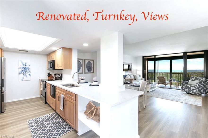 STUNNING, MOVE-IN Ready condo featuring a substantial renovation and brand-new contemporary coastal furnishings & contents— all included in the sale! Enjoy peace of mind with a new HVAC system and beautifully updated interiors throughout. Highlights include luxury vinyl plank flooring, an open-concept kitchen with breakfast bar, quartzite countertops in kitchen and baths, new vanities, fixtures, and fresh paint throughout. Relax as you gaze at the stunning 6th floor views of Turkey Bay, the Mangroves and the sparkling Gulf beyond. Walk to the beach, tennis, Pickleball or marina and live your best Life! Surf Colony III boasts the best elevation on Baker-Carroll Pointe, a beautiful, peaceful location, walking distance to either Bluebill or Delnor-Wiggins Beach on the North end of Gulf Shore Drive at Immokalee Rd (called Bluebill if west of 41).