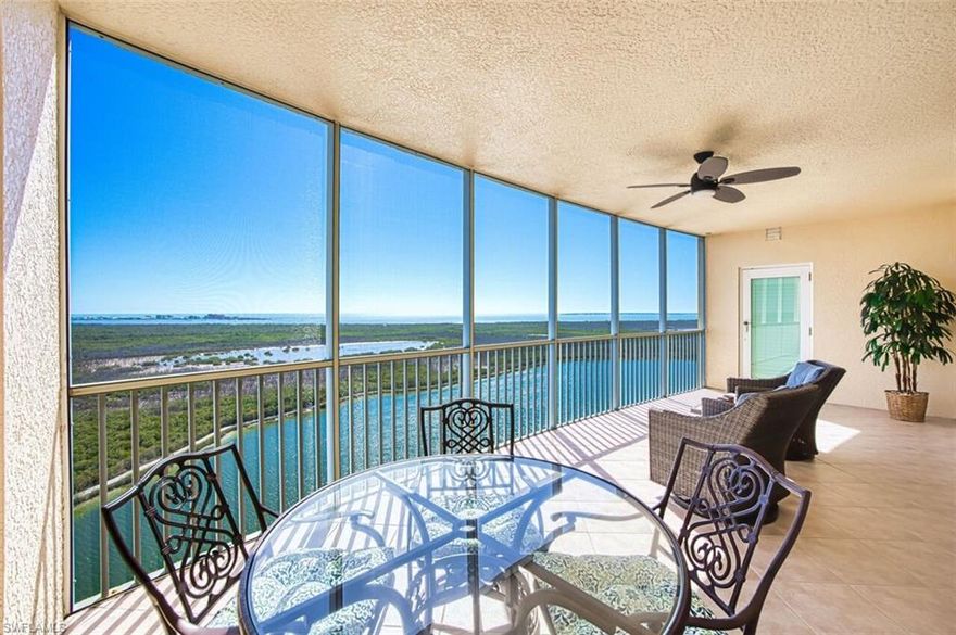 A MILLION DOLLAR VIEW for a fraction of the price! Nowhere in SW Florida can you find sparkling Gulf to Bay views interrupted only by Sanibel & Estero Islands for affordable prices. This meticulously maintained condo-home is perched on the 18th floor just 2 floors below the top. The spacious & open layout has 2,062’ w/3 BR/2 BA. Another approx. 290’ provide screened outdoor living space & your own private front-row seat to witness nature at its finest. Your introduction to this sky oasis begins w/a secured elevator that opens to a private foyer. Double doors open into a great room w/9’ ceilings framed in crown molding. A wall of floor-to-ceiling impact sliders blur the line between outdoor views & the comfort of the inside spaces. Contiguous tile runs throughout w/the exception of the bedrooms that have soft neutral carpet replaced in recent years. Also in the past few years, the entire interior has been painted – walls & ceiling. The centrally located kitchen has all wood cabinetry, solid surface counters, tile backslash & SS appliances. A LG WI pantry offers even more storage. The BRKFST bar adds more seating for guests. The openness of the kitchen allows meal preparation to be done while interacting w/family & guests – your family chef won’t feel isolated. The living & dining areas allow for entertaining to be done while soaking up the view. 

The primary suite has a large window which invites the peaceful views in where you start & end your day. An impact glass door accesses the lanai. 2 WI closets provide plenty of storage. An attached BA features a WIS w/rock floor, soaking tub, 2 separate sinks & private water closet. 

2 guest BRs are located away from the primary BR providing privacy for overnight guests. A guest BA is also located in this end of the condo as well as a generous laundry w/newer washer & dryer, deep sink & cabinetry. The HVAC is newer as is the tankless water heater. The condo features newer wood blinds, ceiling fans & light fixtures in the dining area & entry. Furniture/furnishings are negotiable for an additional cost. 2 under bldg. parking spaces & de-humidified storage space convey. 
This condo is located in the east tower which has been updated w/a new roof (’23), renovated 1st & 2nd floor lobbies (’24). 
Mastique is a resort style community located on 50+ acres of lush, tropical vegetation. With only 133 total units, it is very low density. The 6,000+ sq ft clubhouse has been totally renovated inside & out (’25). A resort-style salt-water pool & spa are thoughtfully positioned on the edge of a 25-acre lake. A mile-long shell walking/jogging path surrounds the lake. Situated on the east end of the property are newly refurbished tennis & Pickleball courts w/new fencing. A special park has been set aside for your canine kids to run off-leash! 

LOCATION, LOCATION, LOCATION – walk to a beach, restaurants, shops, grocery, bike to Sanibel & FMB. 
All this for WAY UNDER a million dollars!
