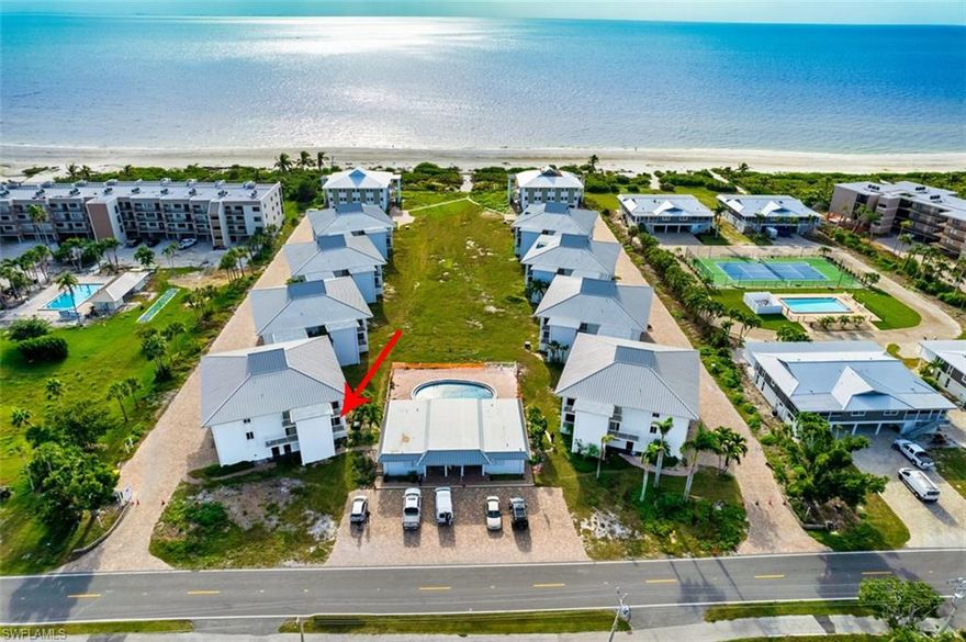 Enjoy the balmy breezes while basking in the sunshine of your Sunset South lanai and the southwest views of the sparkling Gulf of Mexico. Beautiful porcelain plank flooring, beamed ceilings with LED recessed lighting and ceiling fans, quartz kitchen countertops, granite island and stainless appliances remaining from a 2019 custom designer remodel in addition to custom tile showers, white hurricane sliders and windows, interior doors and blinds. Choose your finishing touches of this remodel courtesy of Hurricane Ian damage. This corner unit enjoys the privacy of the adjacent front yard and large shade tree while looking out the open courtyard to the south. Each unit features an enclosed garage space and ample storage with private laundry area. Sunset South permits monthly rentals and is pet friendly. Seller upgraded electrical service and removed copper piping (re-pipe) for a total $5,053. Sellers have already paid an $18,000 assessment while awaiting the completion of the Association infrastructure rebuild, amenities, interior drywall, HVAC and more. Property being sold AS-IS.